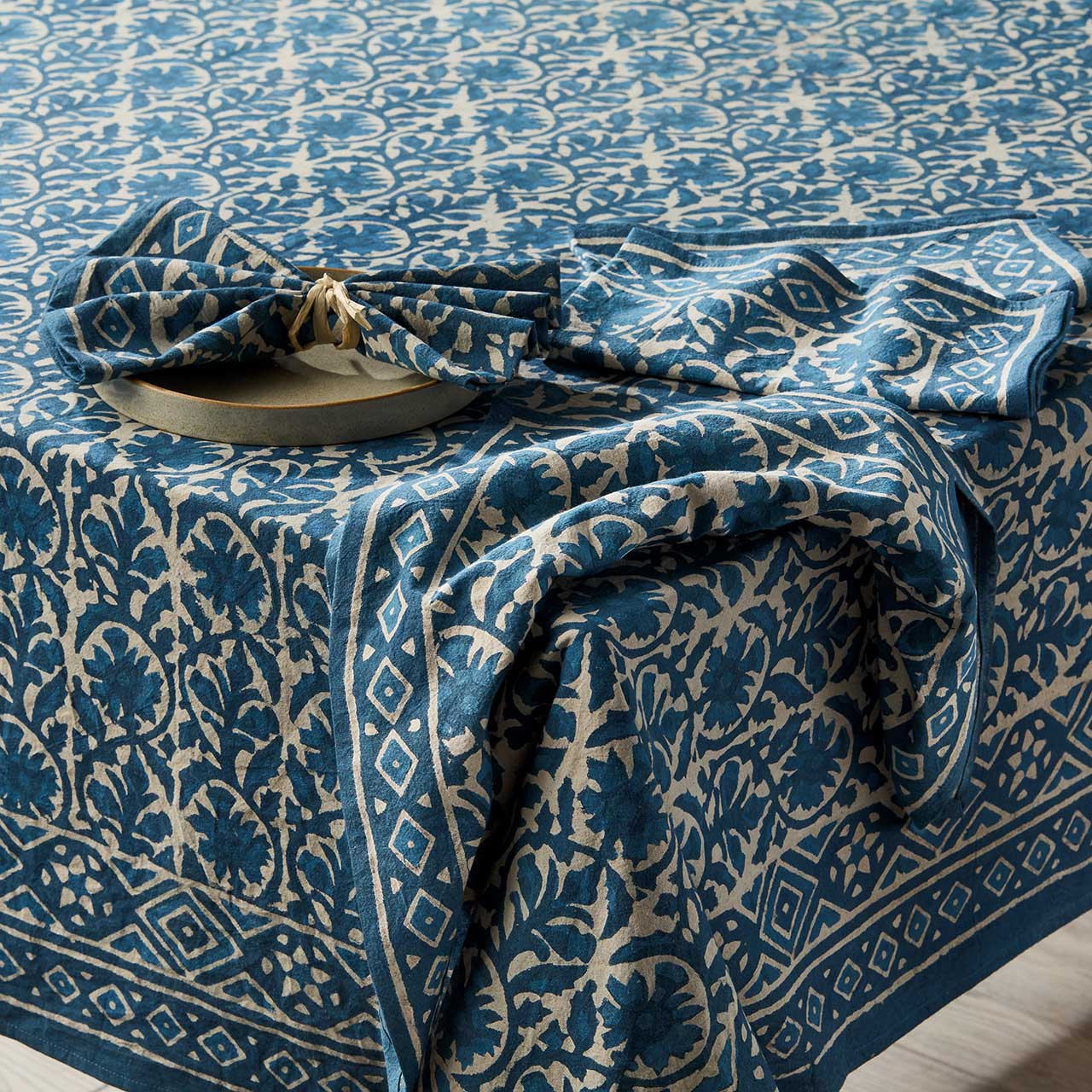 Indigo Dabu Jasmine Block Print Napkins - Set of 4