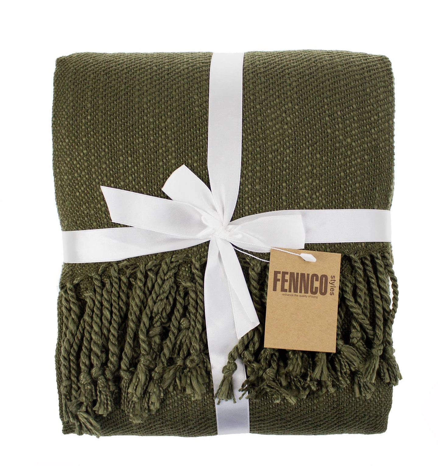 Olive Green Classic Woven Fringed Throw Blanket