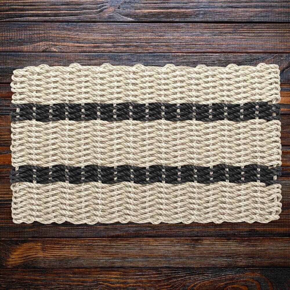 Lobster Rope Outdoor Doormat: Sand with 2 Black Stripes