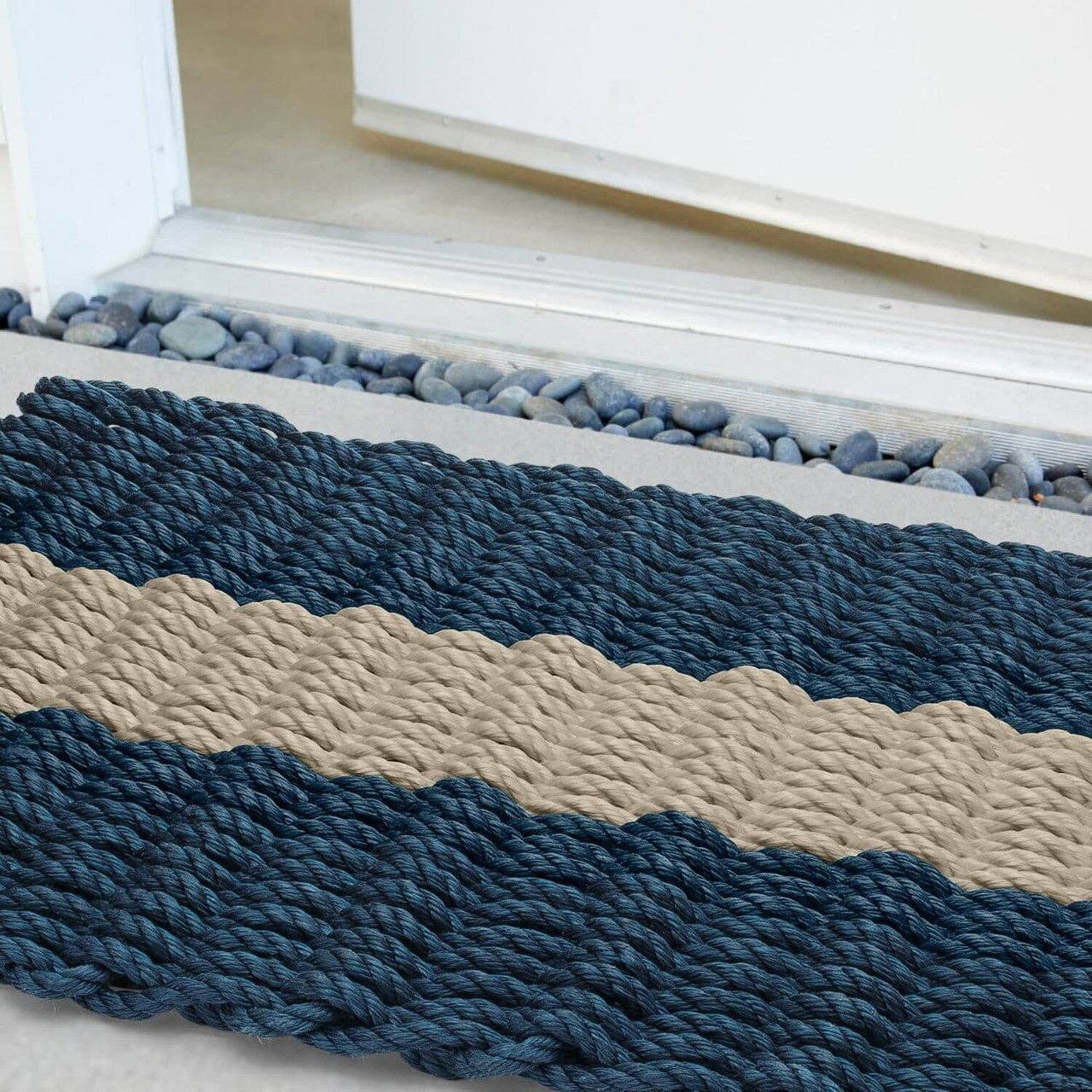 Lobster Rope Outdoor Doormat: Navy with Sand Stripe
