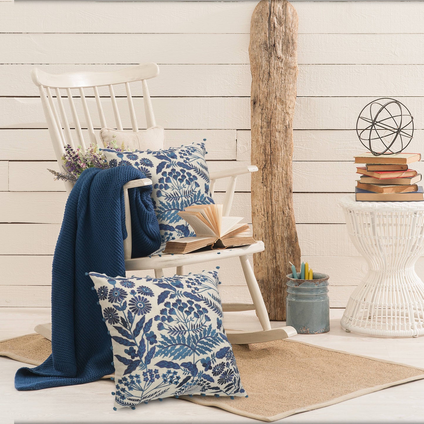 Off-White and Navy Bohemian Floral Throw Pillow