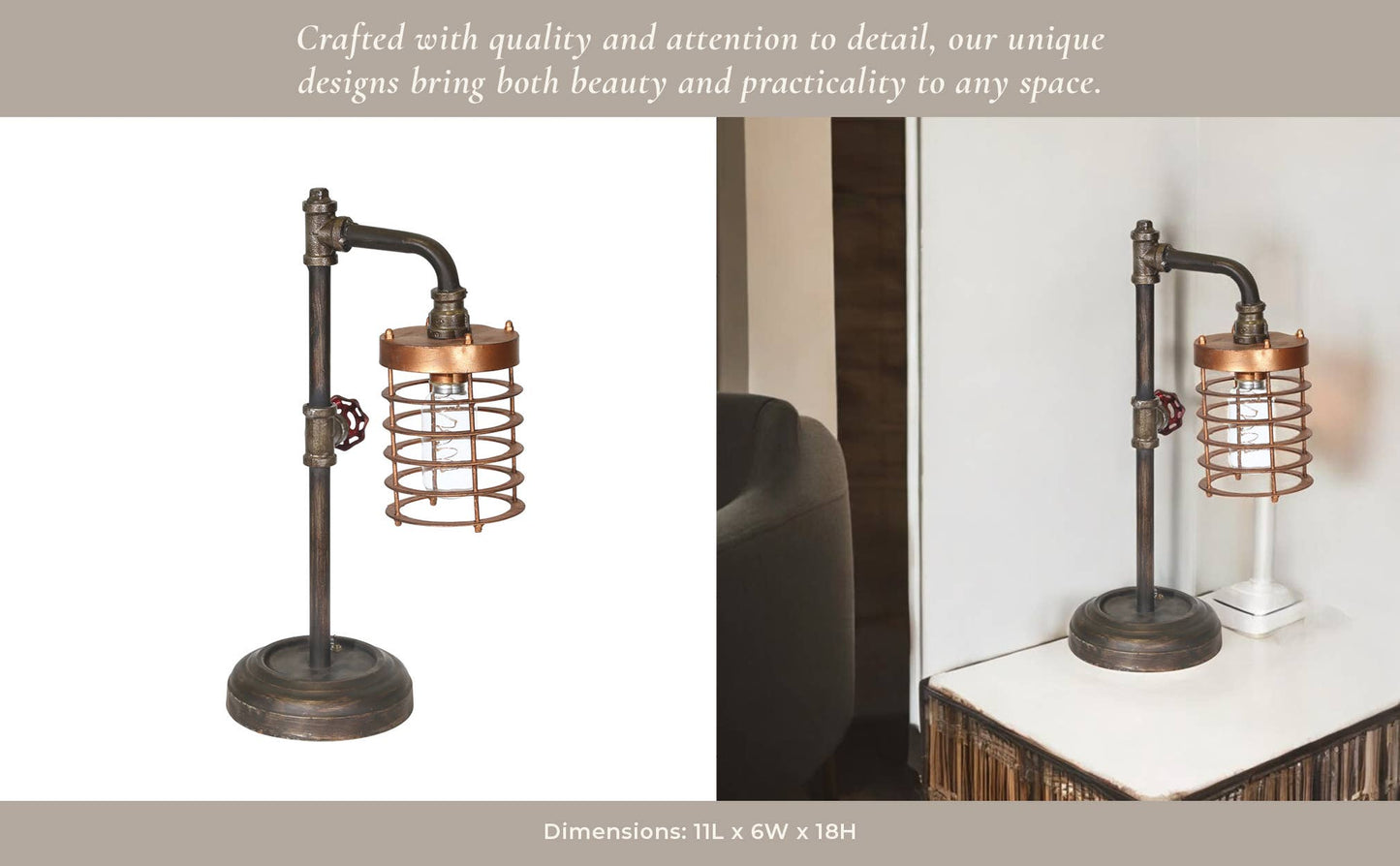 Table Lamp - Bronze Metal Pipe with Caged Shade, 18 in.
