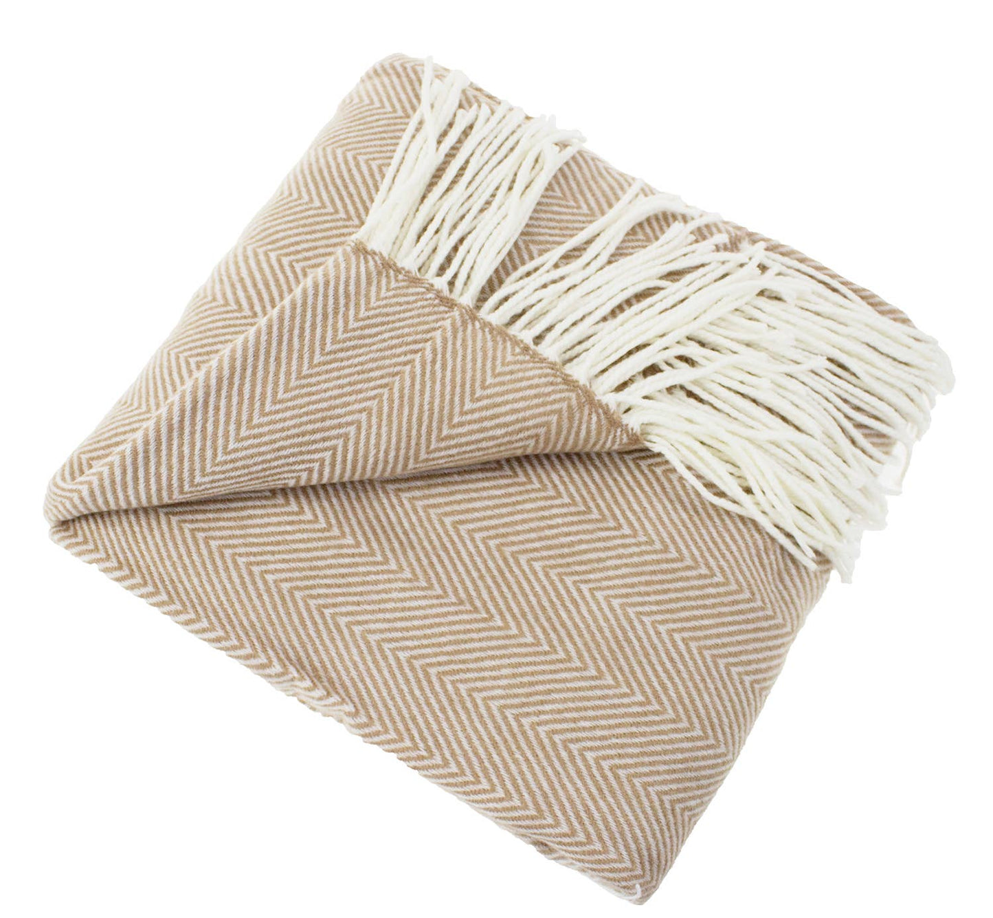 Camel Herringbone Fringed 50x60 Inch Throw Blanket