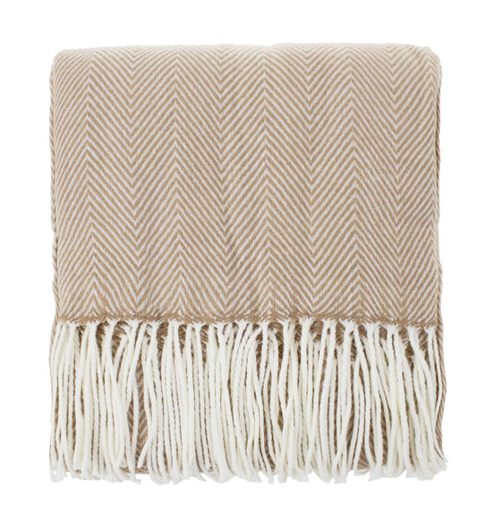 Camel Herringbone Fringed 50x60 Inch Throw Blanket