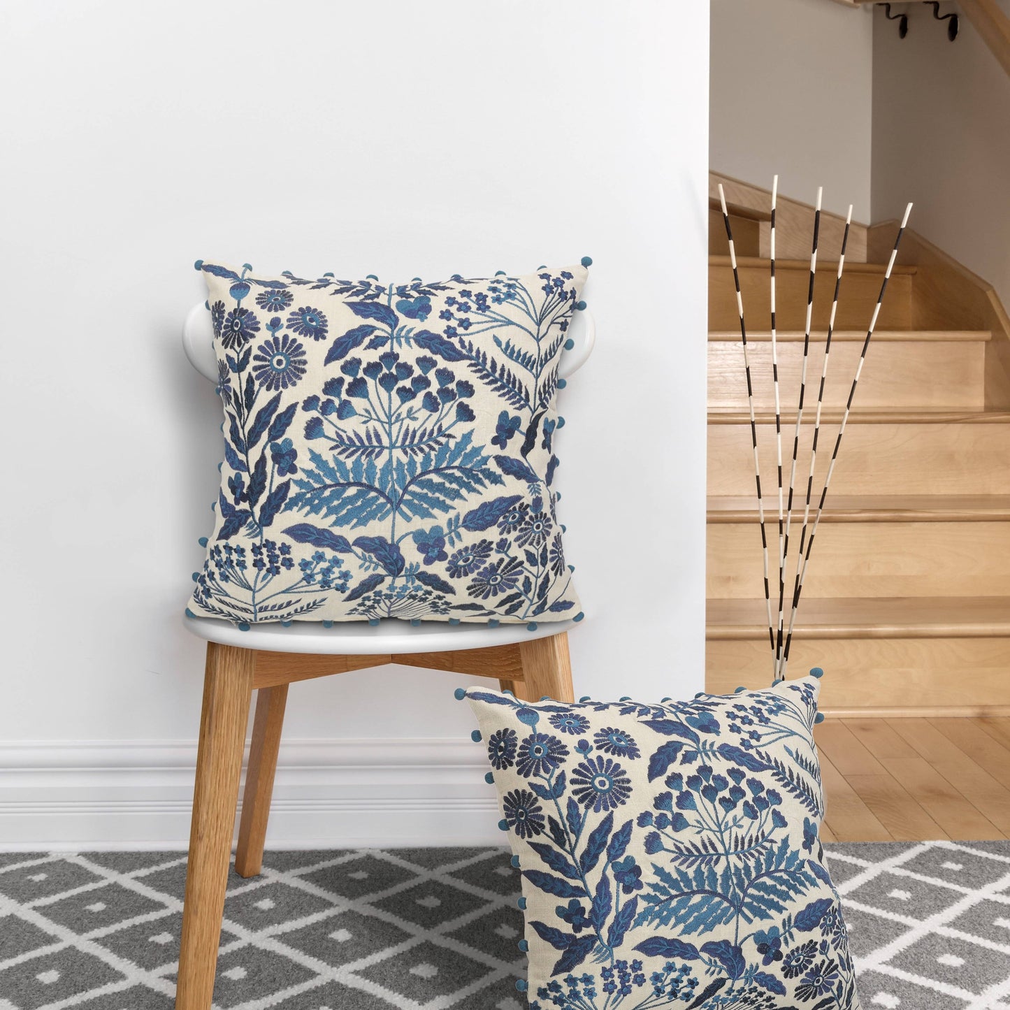 Off-White and Navy Bohemian Floral Throw Pillow
