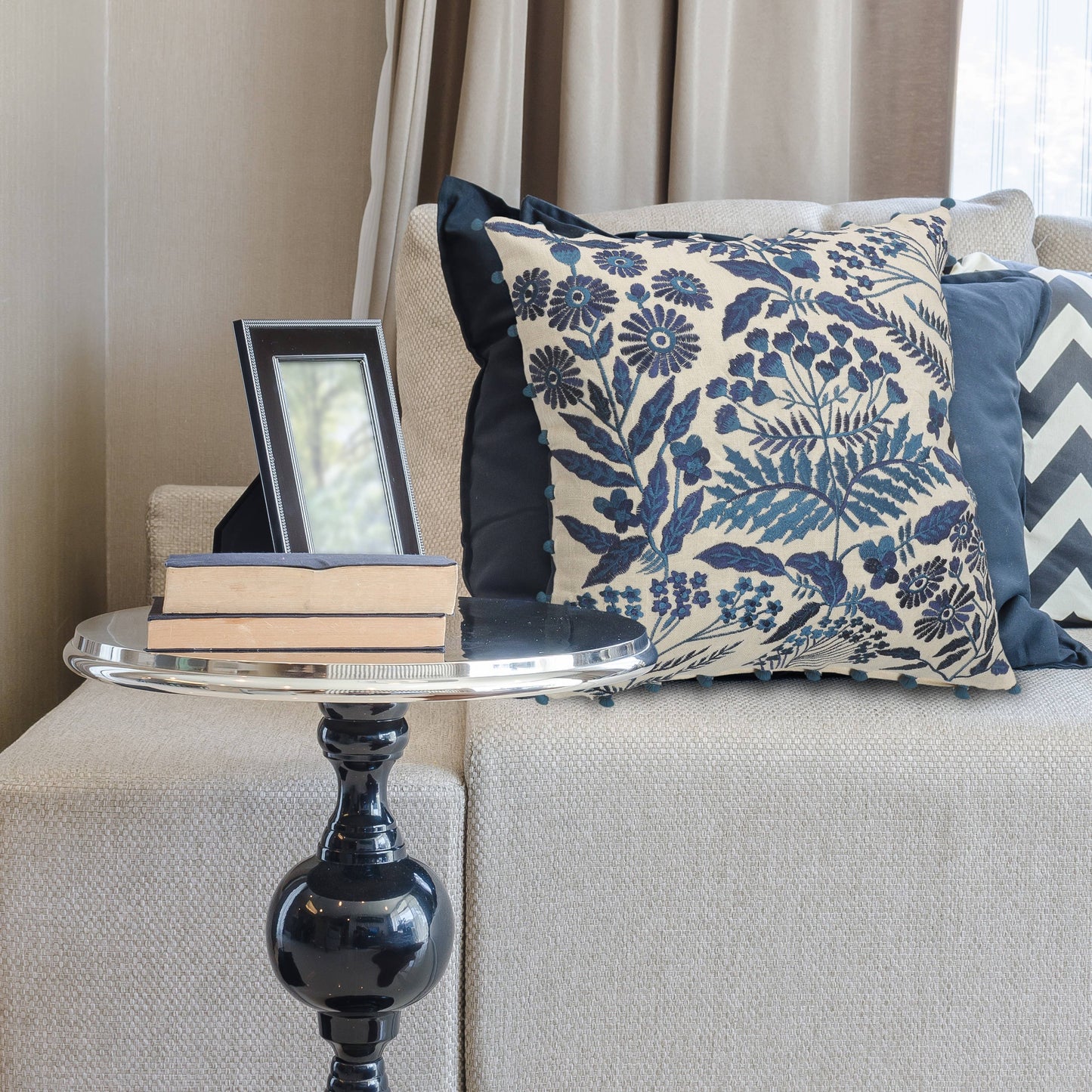 Off-White and Navy Bohemian Floral Throw Pillow