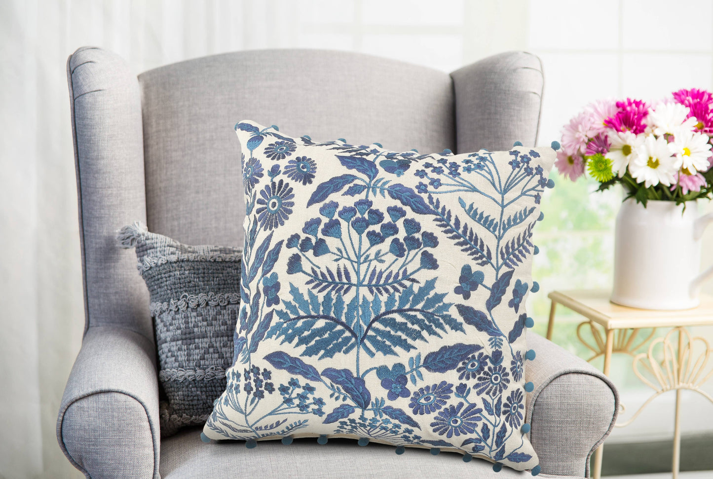 Off-White and Navy Bohemian Floral Throw Pillow