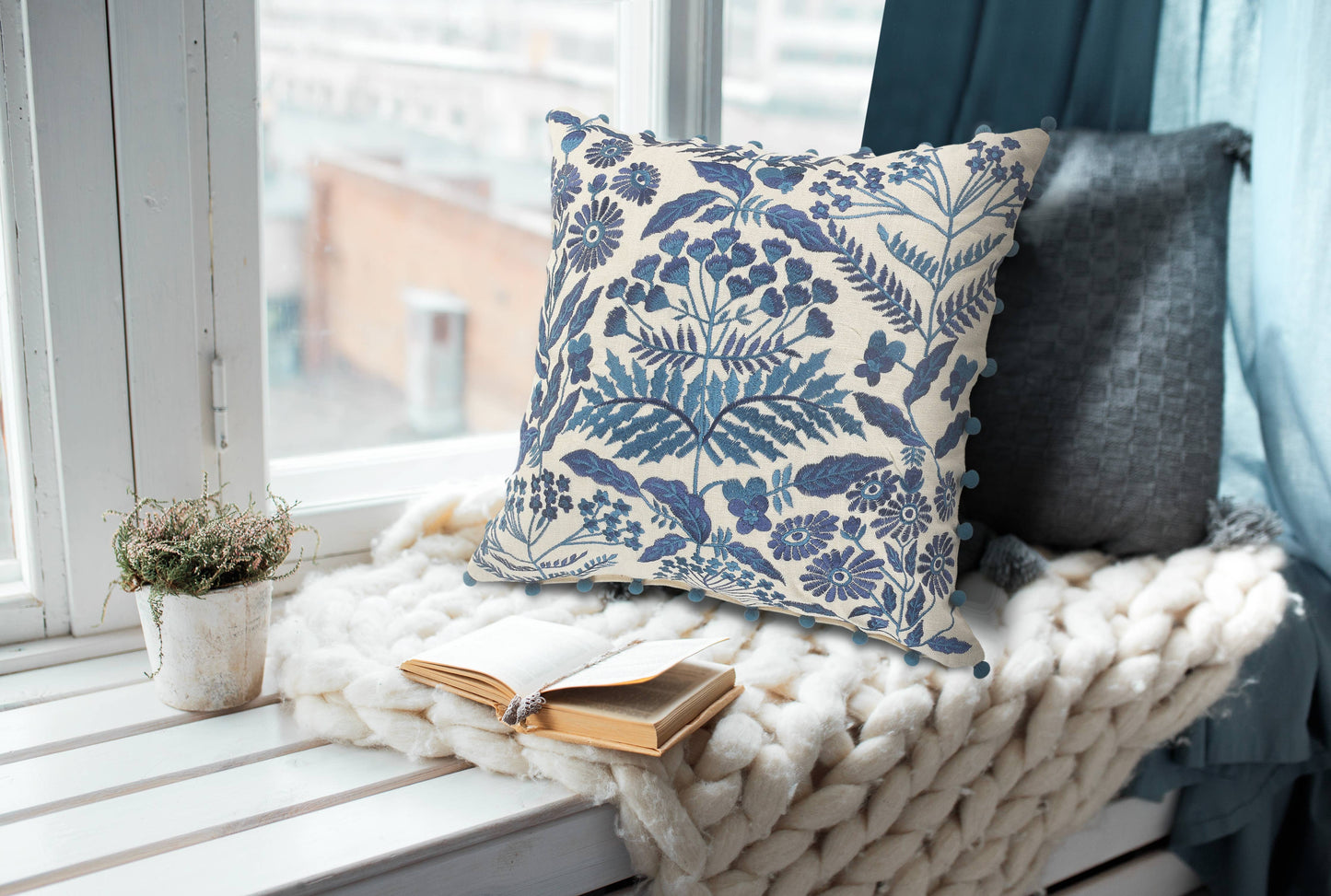 Off-White and Navy Bohemian Floral Throw Pillow