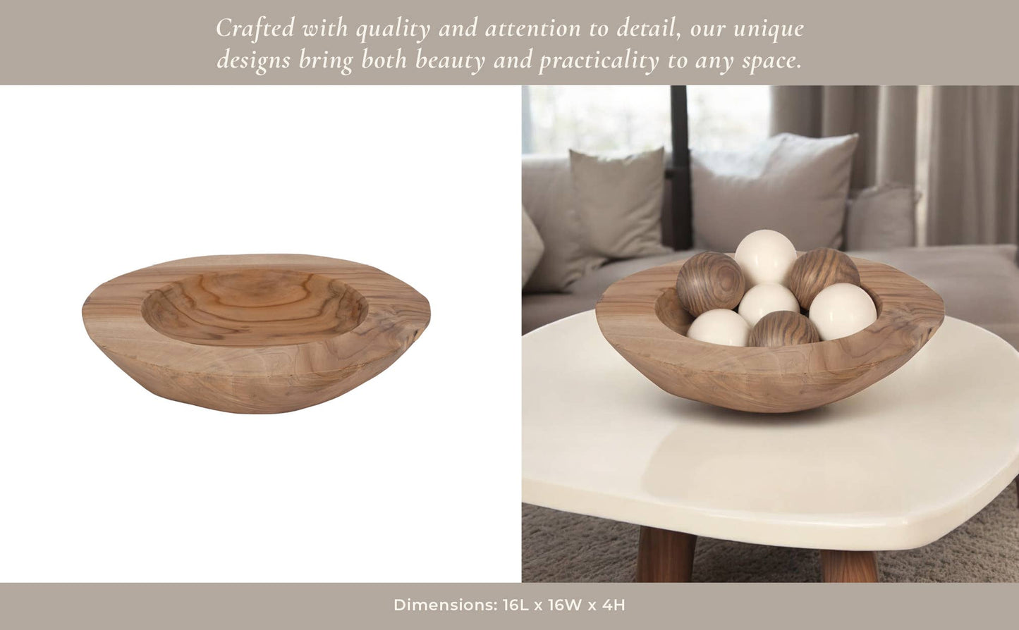 Decorative Bowl - Brown Teak Wood Round Organic, 16 in.