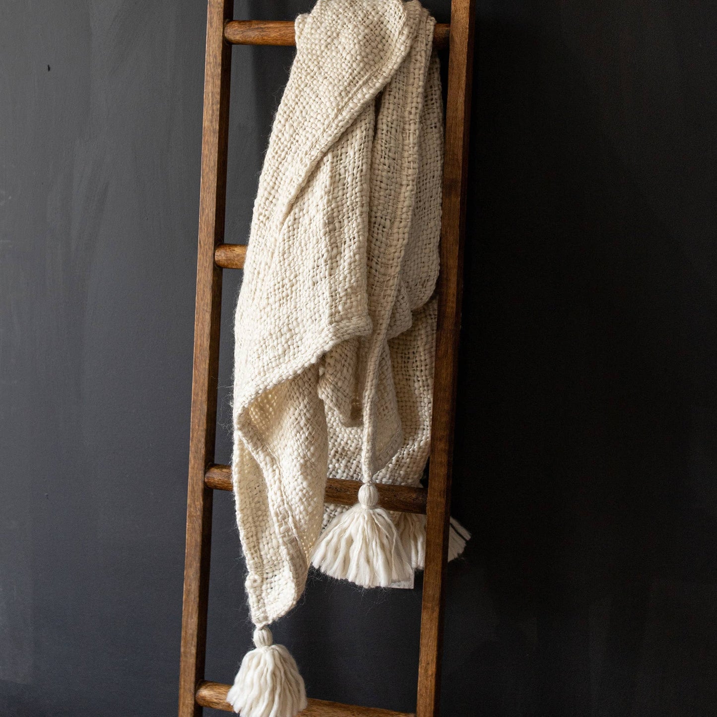 Mel Hand Woven Tasseled Throw Blanket Cream Polyester