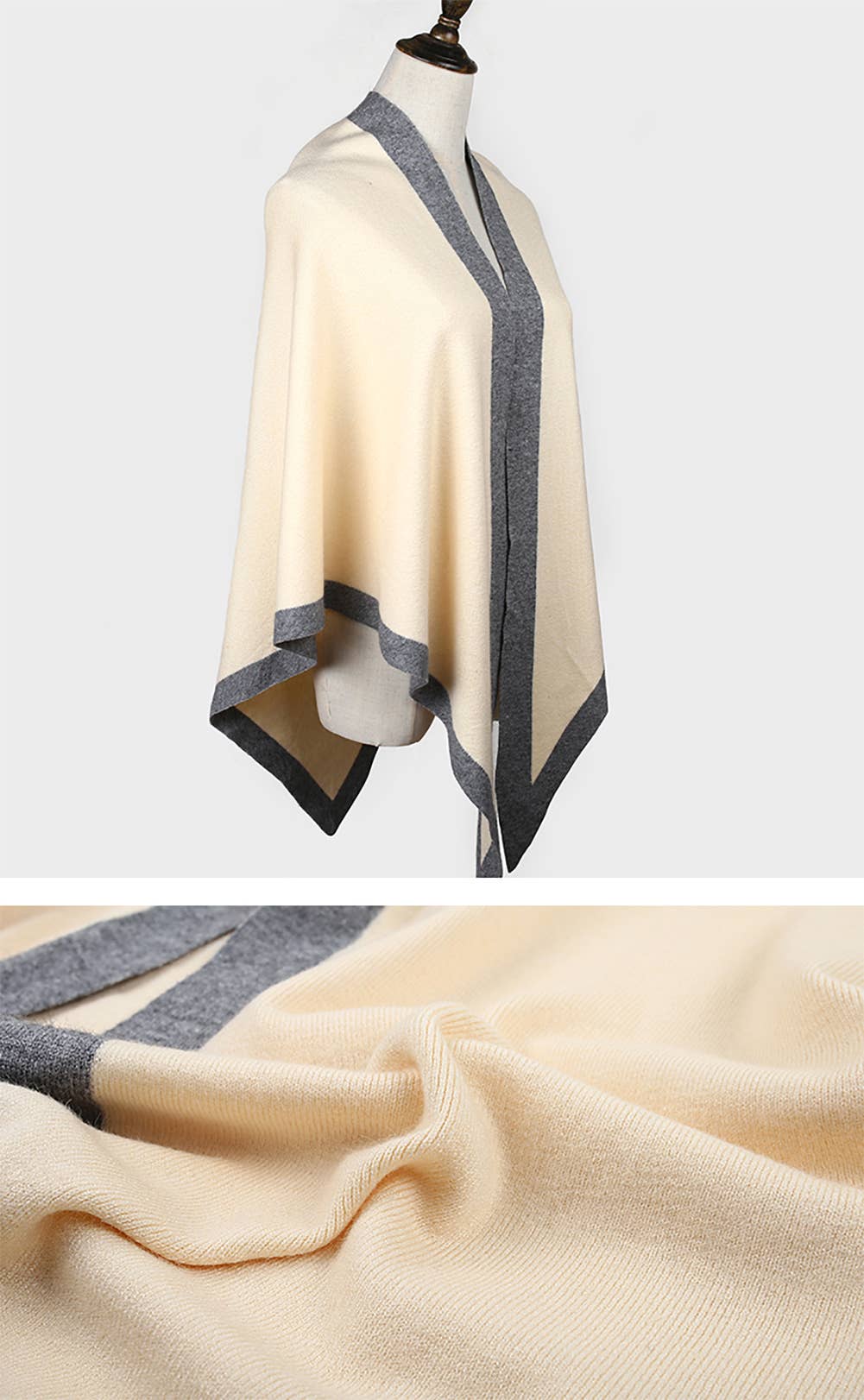 Contrast Border Knit Cashmere Blend Triangular Shawl Wrap