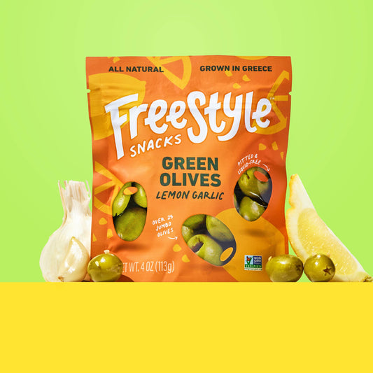 Lemon Garlic Green Olives 4oz - Freestyle Snacks