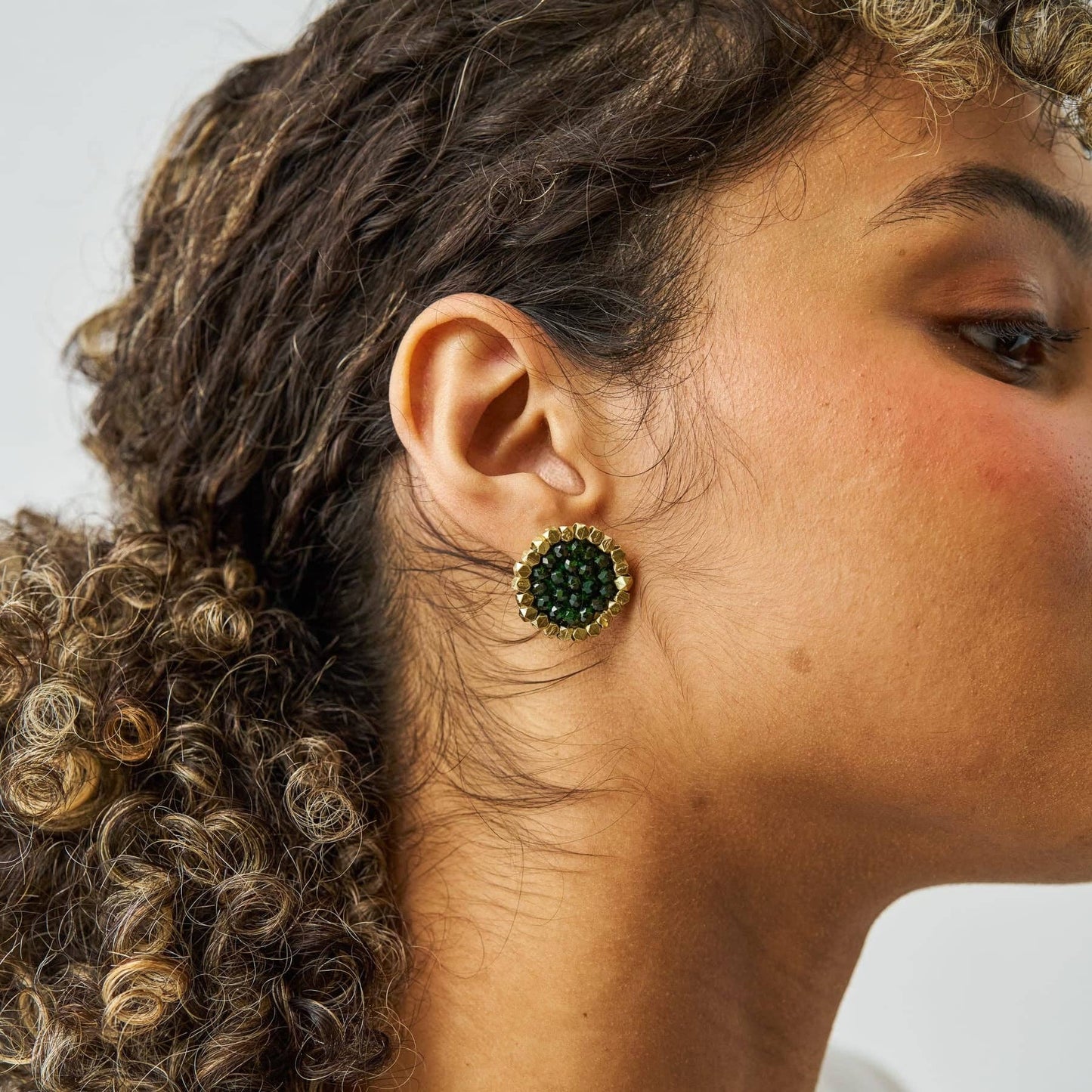 Johannah Crystal + Brass Bead Post Earrings Emerald