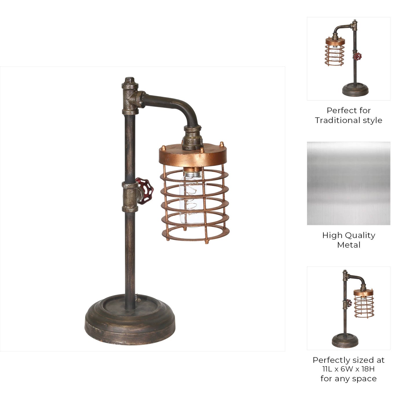 Table Lamp - Bronze Metal Pipe with Caged Shade, 18 in.