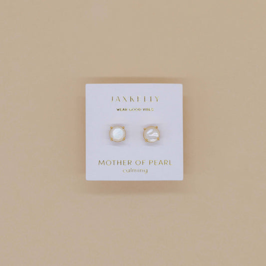 Round - Mother of Pearl Gemstone - Gold Earrings