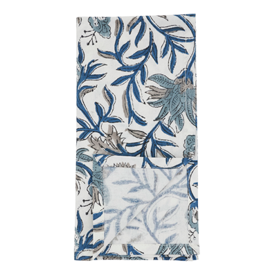 Blue Botanical Block Print Cotton 20" Dinner Napkin