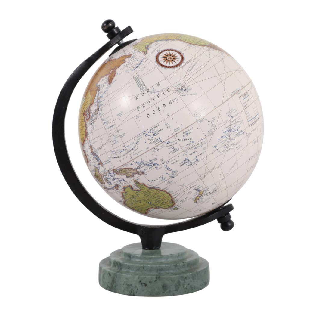 Sculpture - Green Resin Marble Ridged Globe on Base, 9 in.