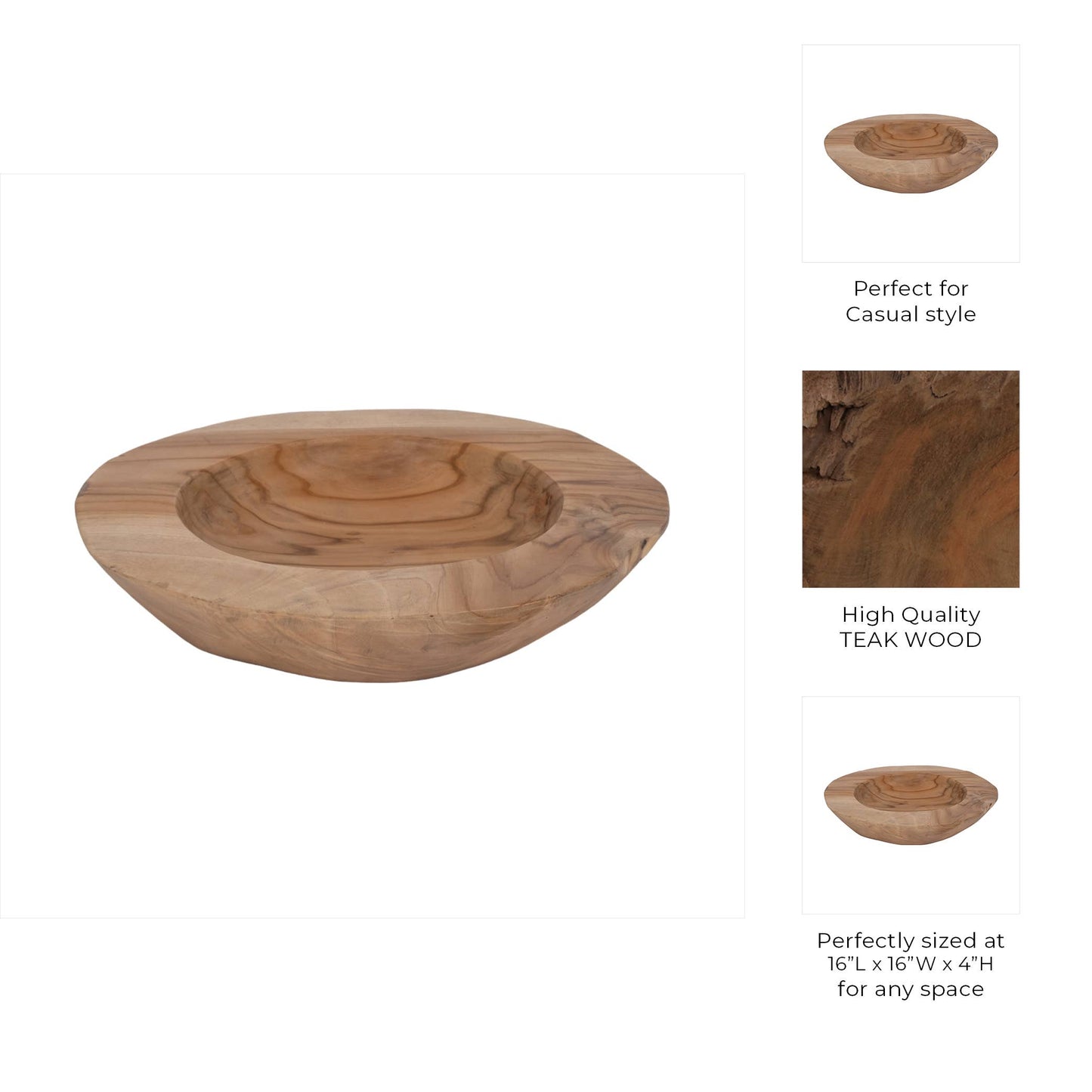 Decorative Bowl - Brown Teak Wood Round Organic, 16 in.