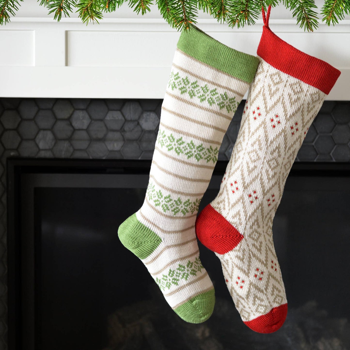 Ecru Patterned Stocking with Green Details