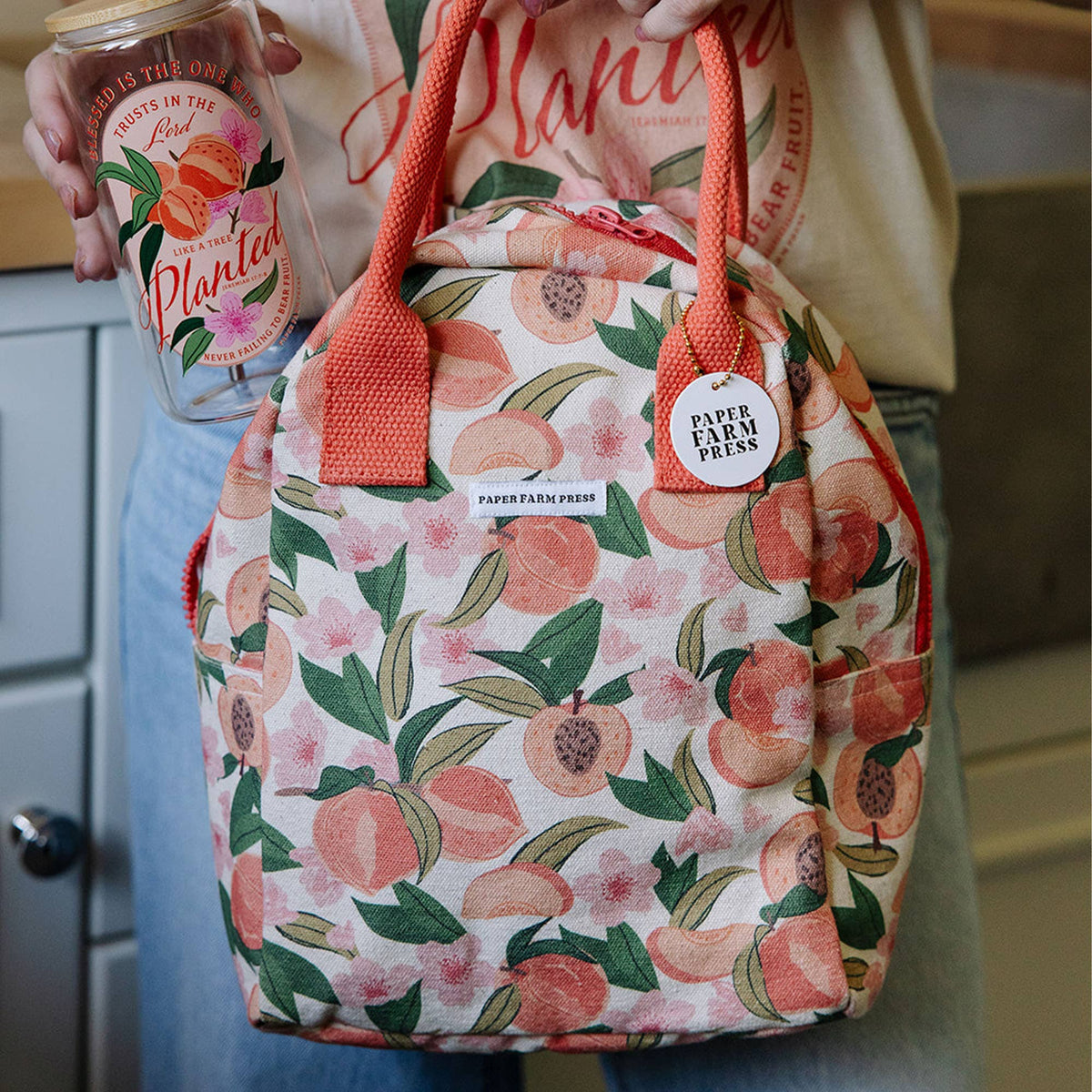 Peach Blossom Reusable Canvas Lunch Tote Bag