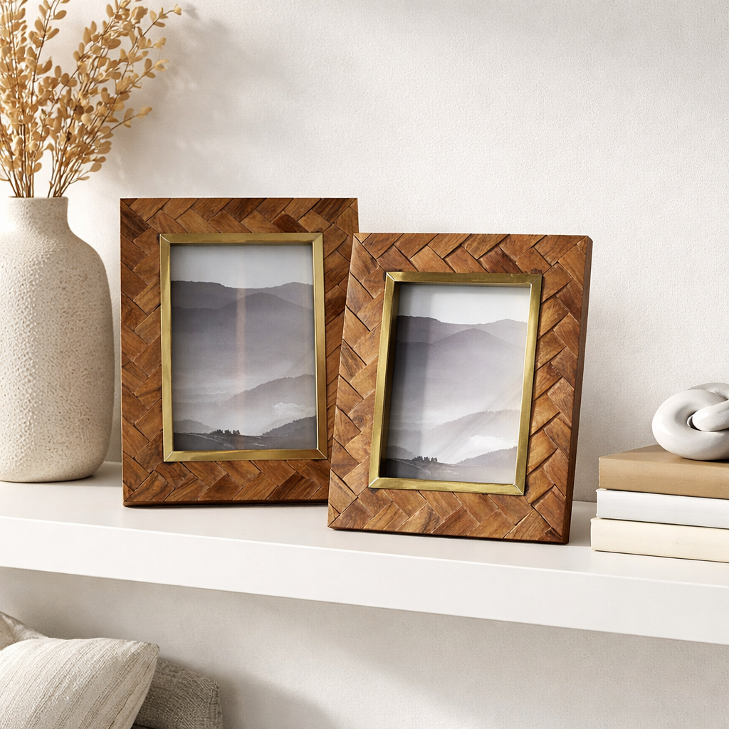 Basu 4x6 Picture Frame - Carved Wood, Brass Inlay