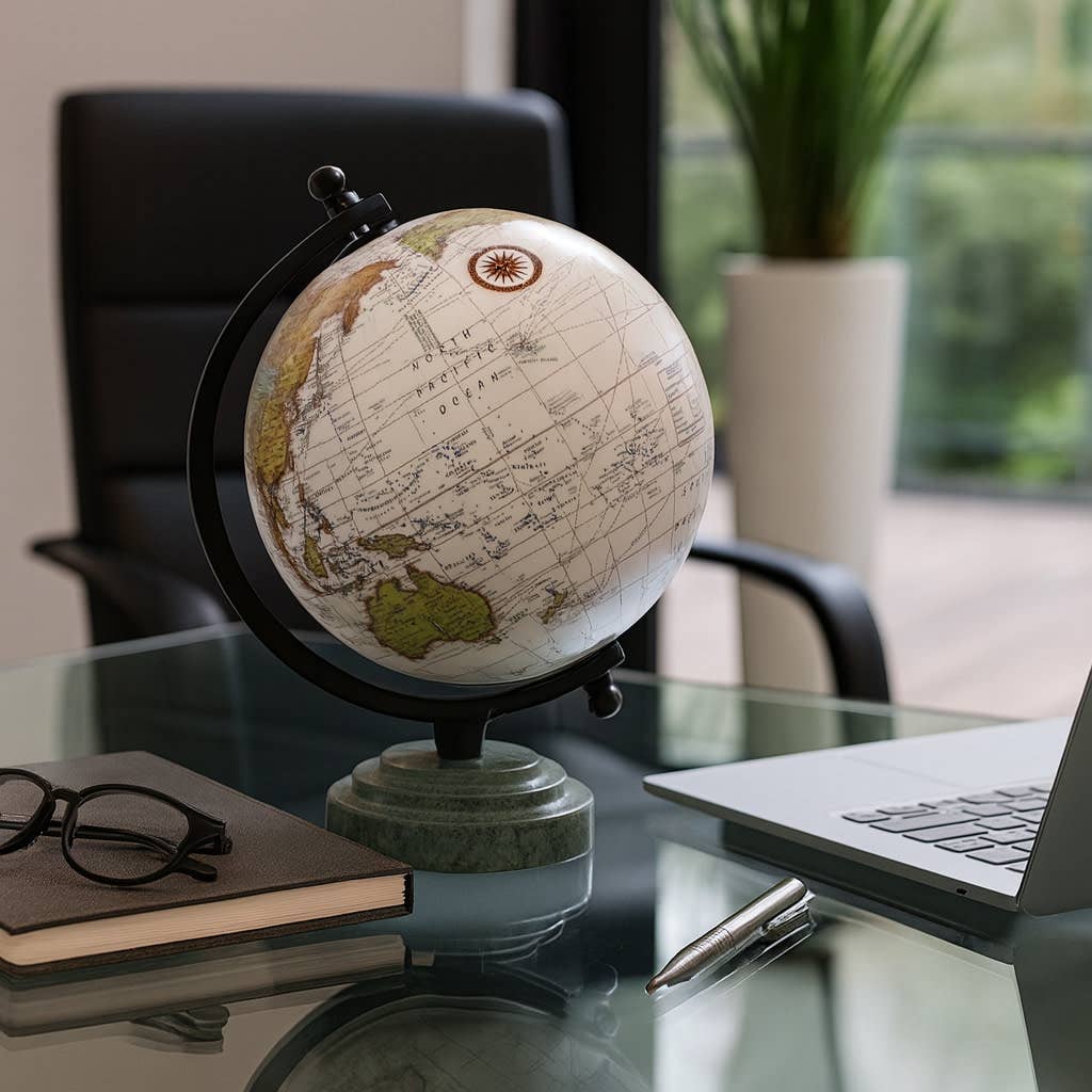 Sculpture - Green Resin Marble Ridged Globe on Base, 9 in.