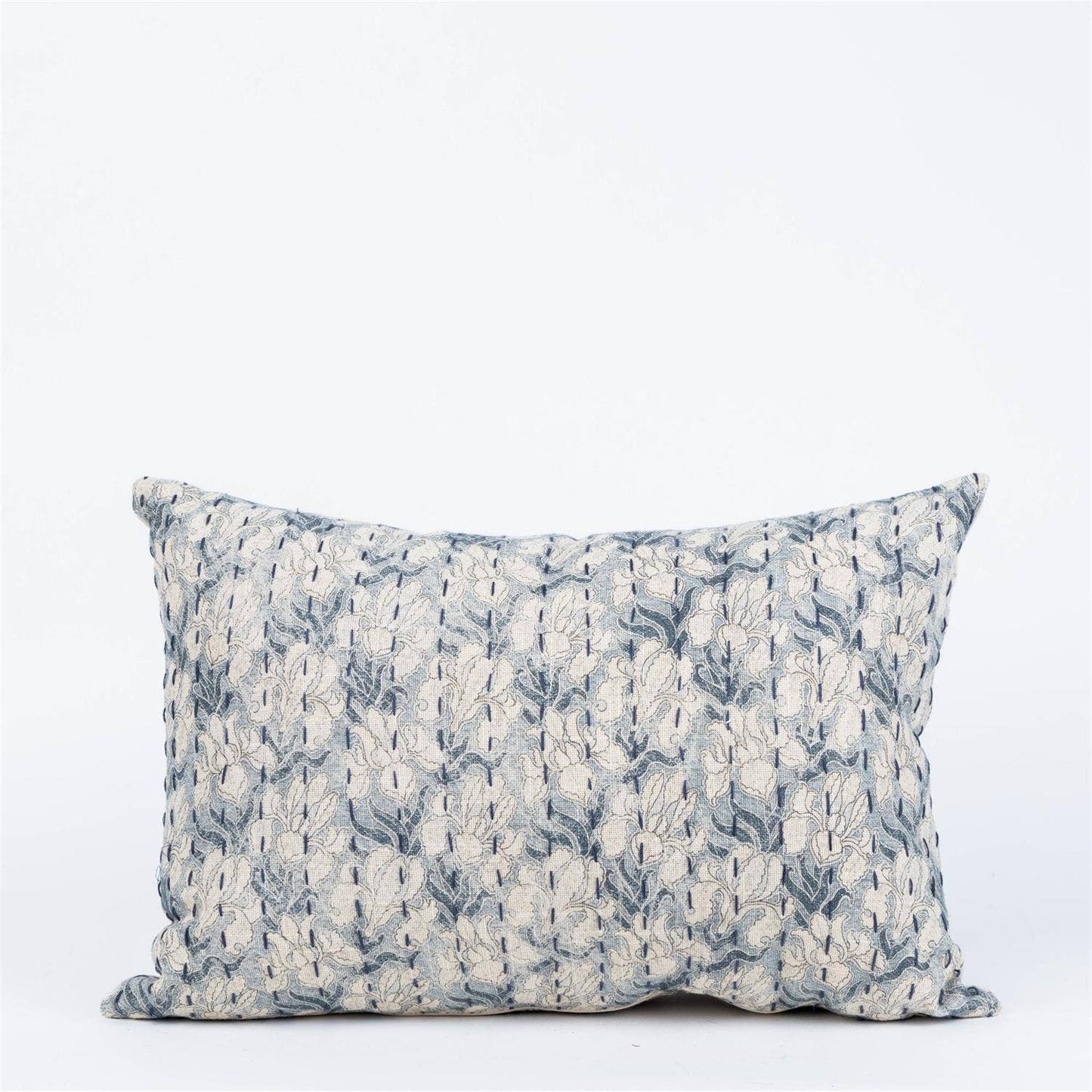 Windward Blue Floral Lumbar Pillow With Kantha Stitch