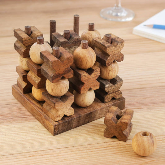 NOVICA 3D Tic Tac Toe Wood Game