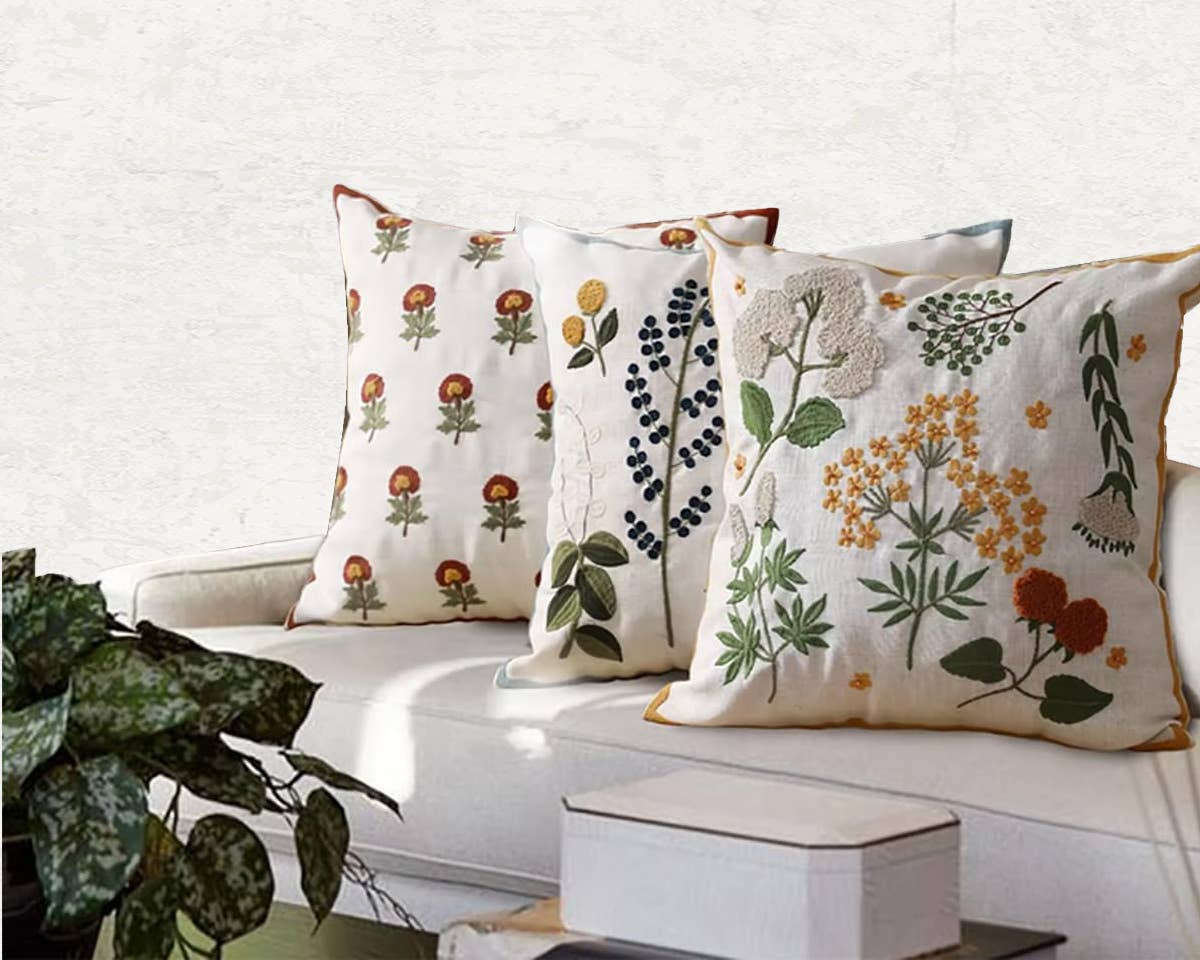 Flower Embroidery 18" Throw Pillow