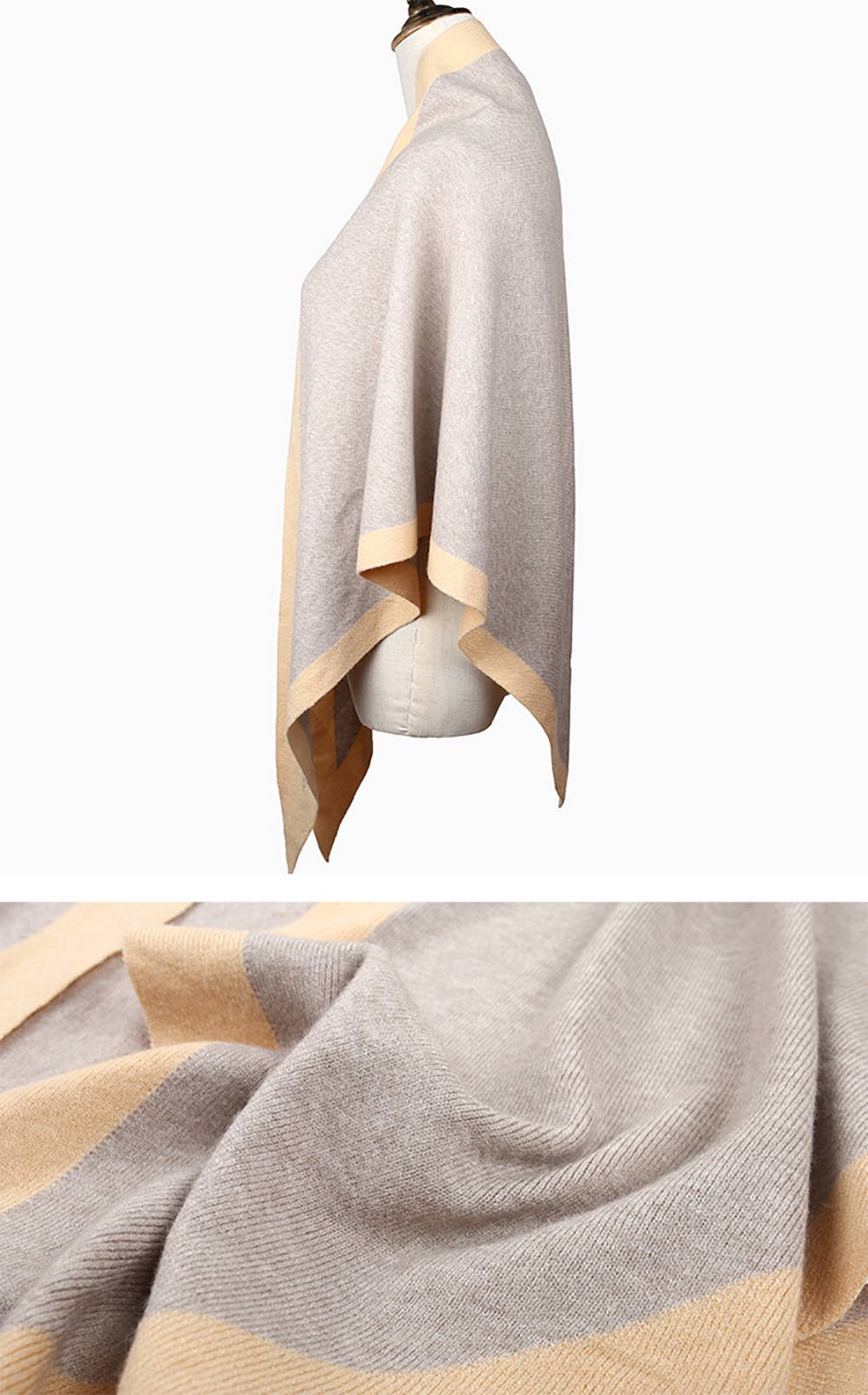 Contrast Border Knit Cashmere Blend Triangular Shawl Wrap