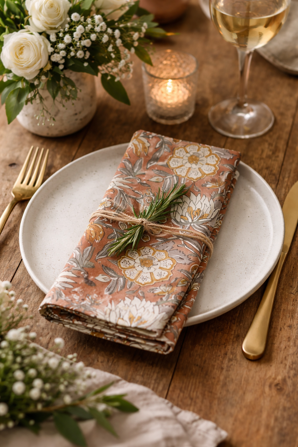 Rust Botanical Block Print Cotton 20" Dinner Napkin