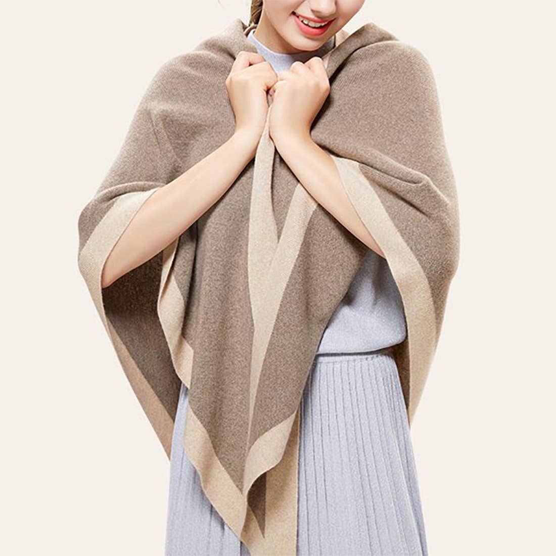 Contrast Border Knit Cashmere Blend Triangular Shawl Wrap