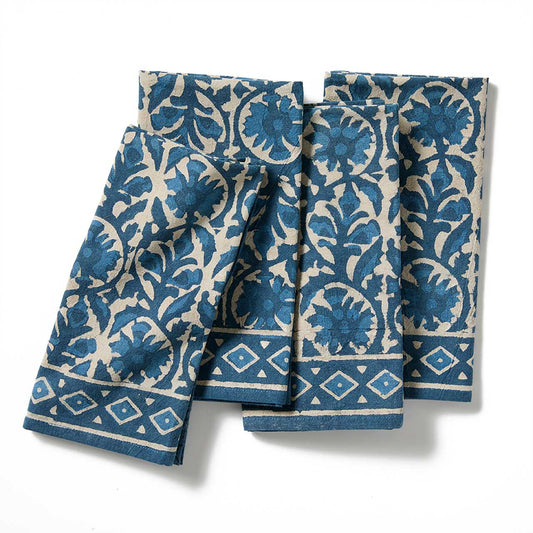 Indigo Dabu Jasmine Block Print Napkins - Set of 4