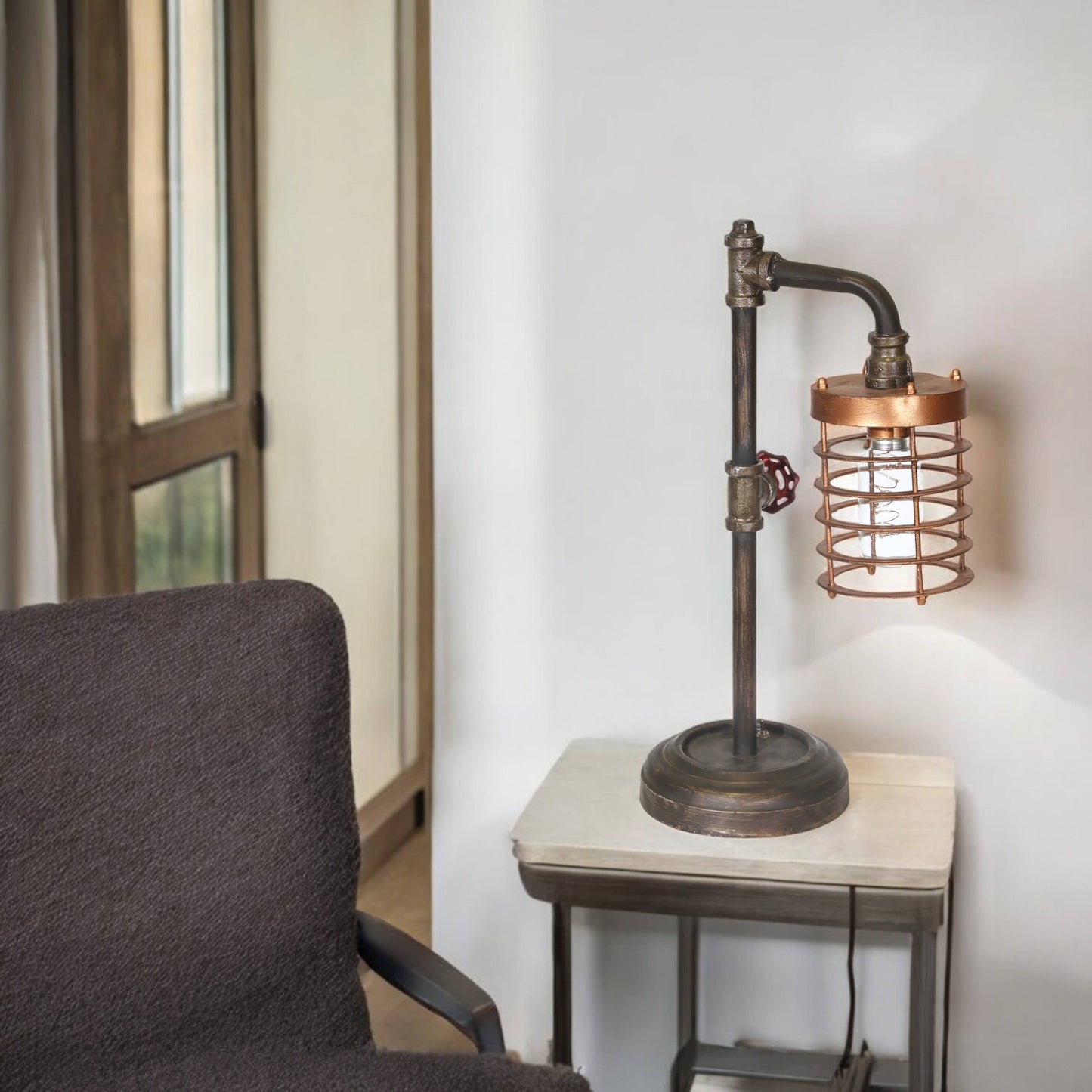 Table Lamp - Bronze Metal Pipe with Caged Shade, 18 in.