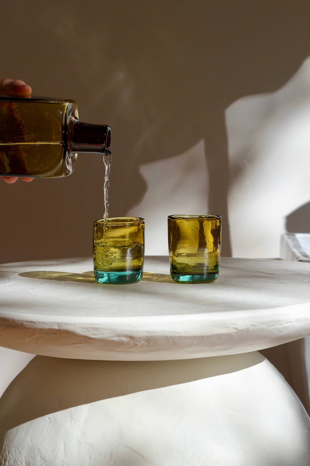 Bedside Carafe Set in Aqua/Amber - Handblown, Recycled Glass