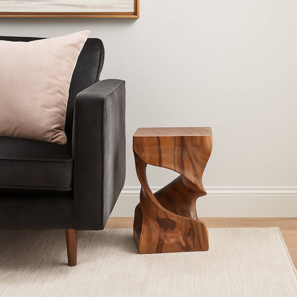 Side Table - Brown Wood Rectangular Unique Twisted, 18 in.