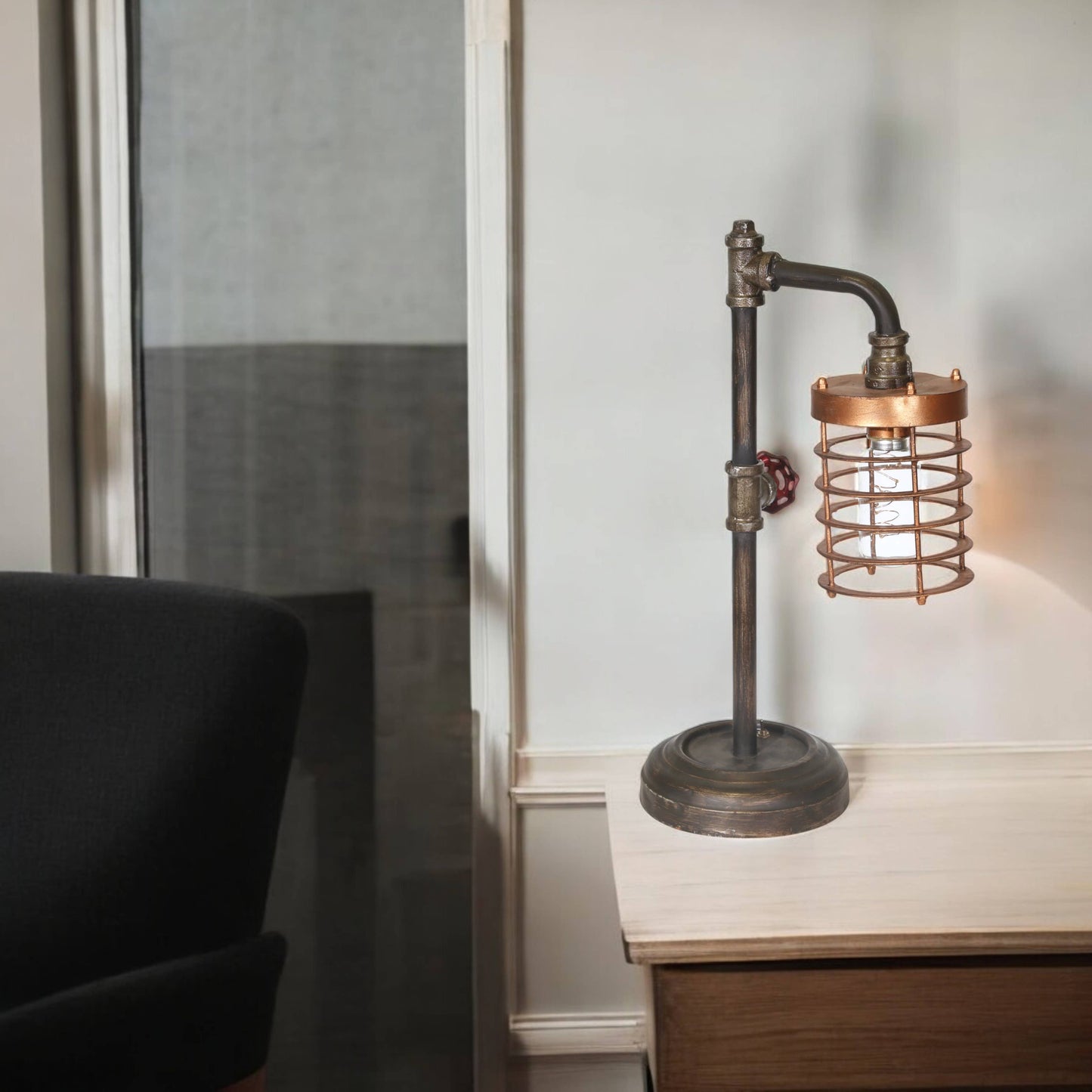Table Lamp - Bronze Metal Pipe with Caged Shade, 18 in.