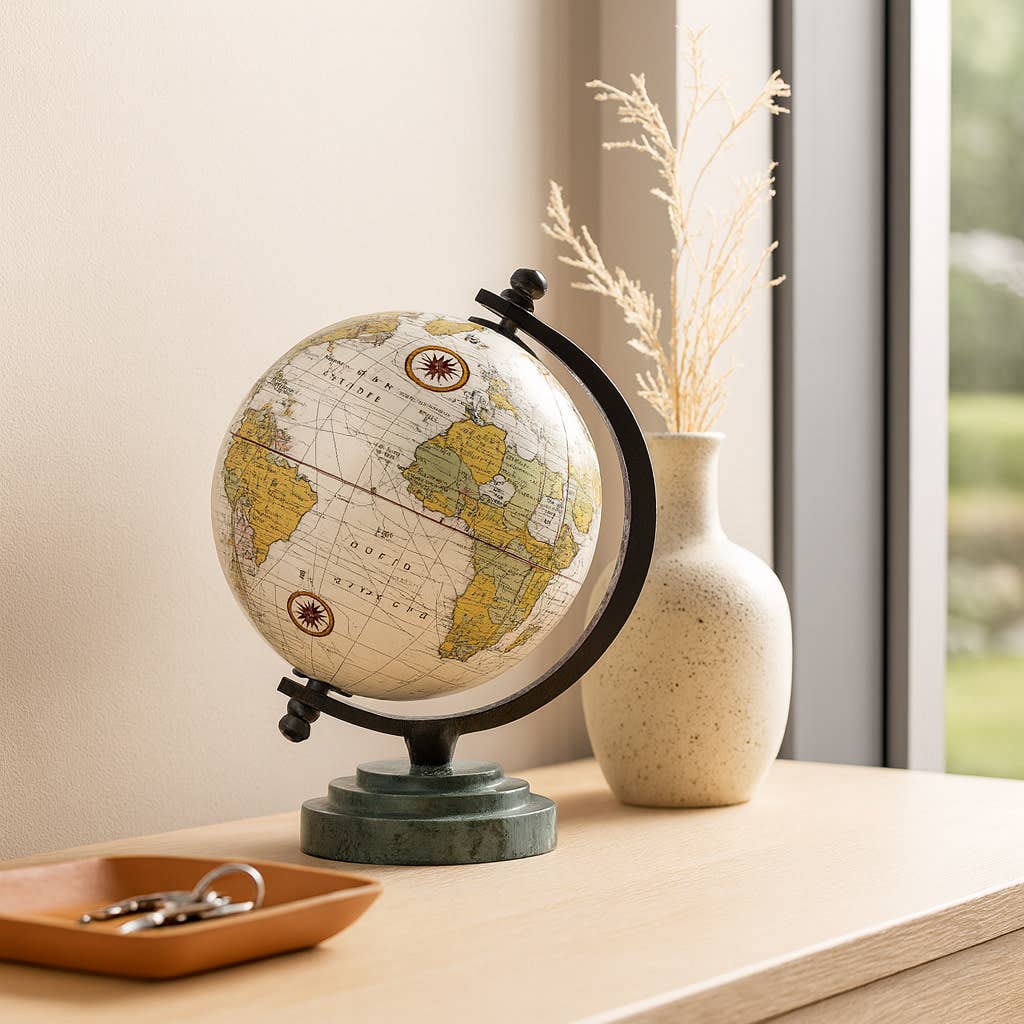 Sculpture - Green Resin Marble Ridged Globe on Base, 9 in.