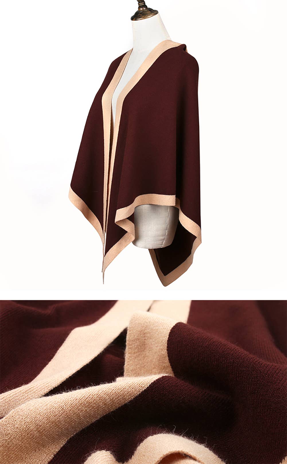 Contrast Border Knit Cashmere Blend Triangular Shawl Wrap