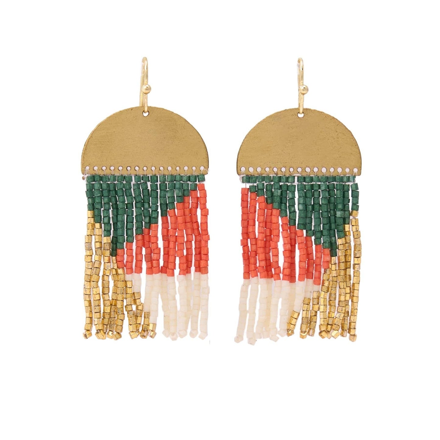 Birdie Geometric Beaded Fringe Earrings Emerald, Coral, Ivory, + Gold