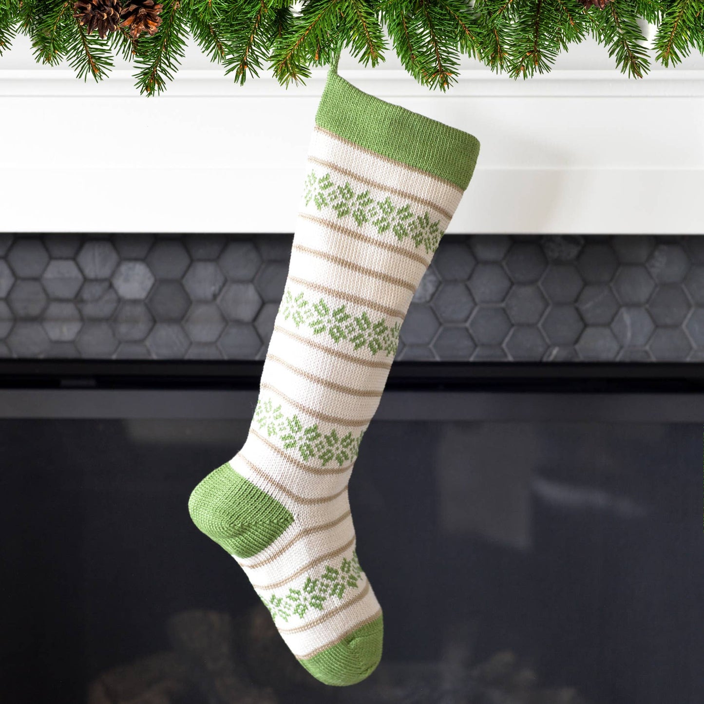 Ecru Patterned Stocking with Green Details