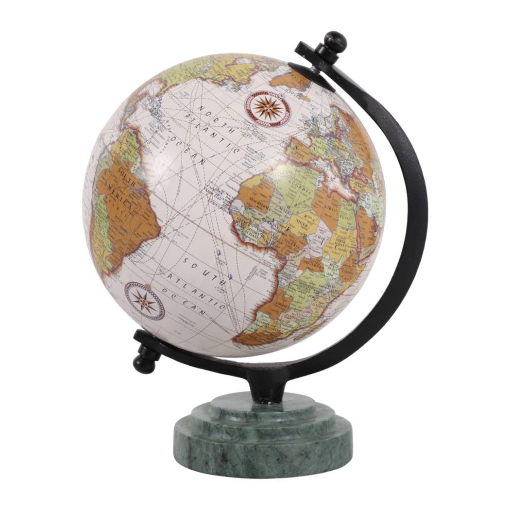 Sculpture - Green Resin Marble Ridged Globe on Base, 9 in.