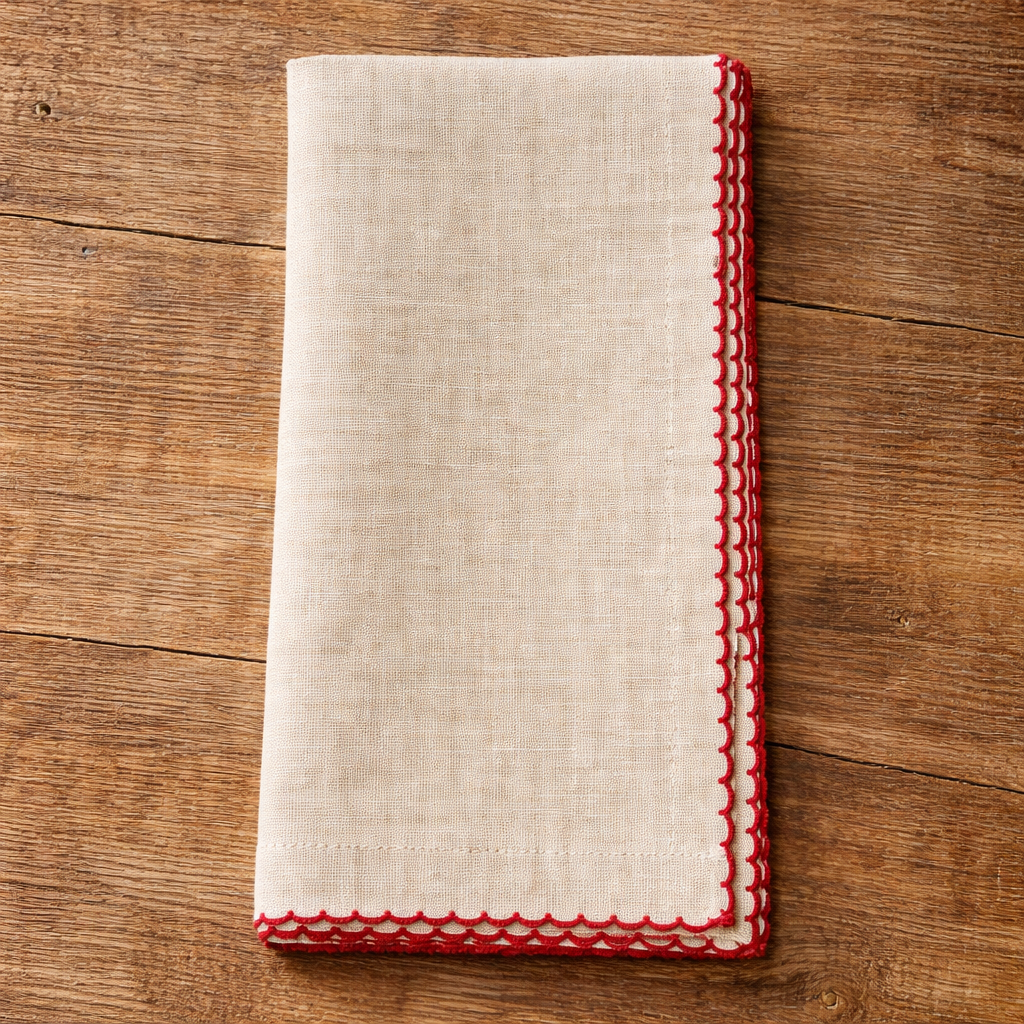 Red Crochet Scalloped Cotton Natural 20" Cloth Napkin