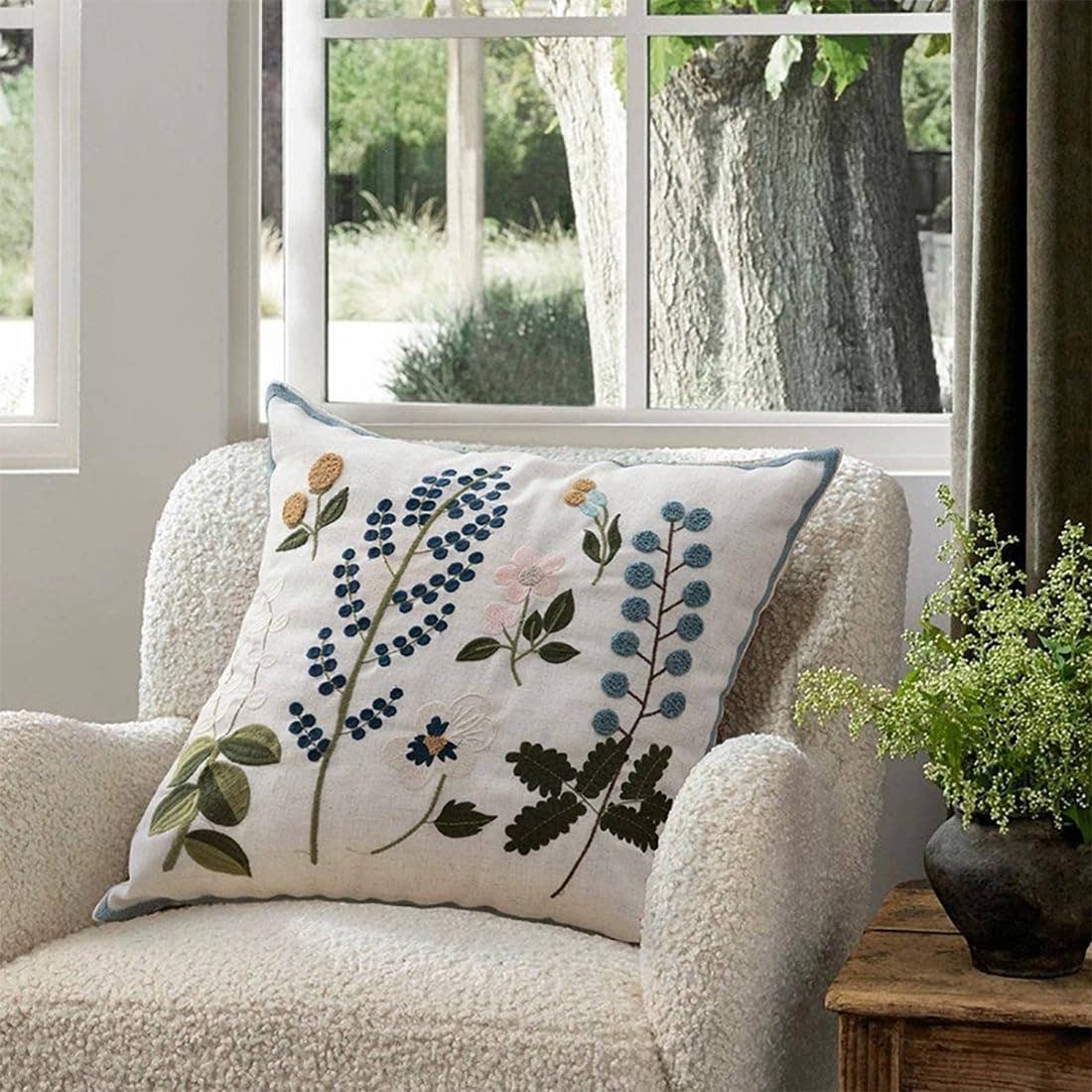Flower Embroidery 18" Throw Pillow