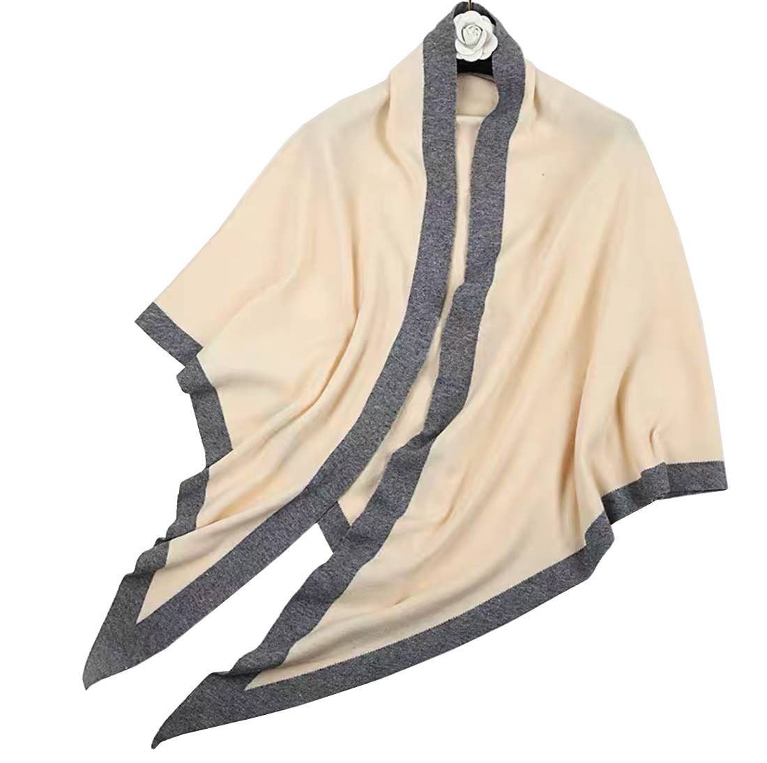 Contrast Border Knit Cashmere Blend Triangular Shawl Wrap