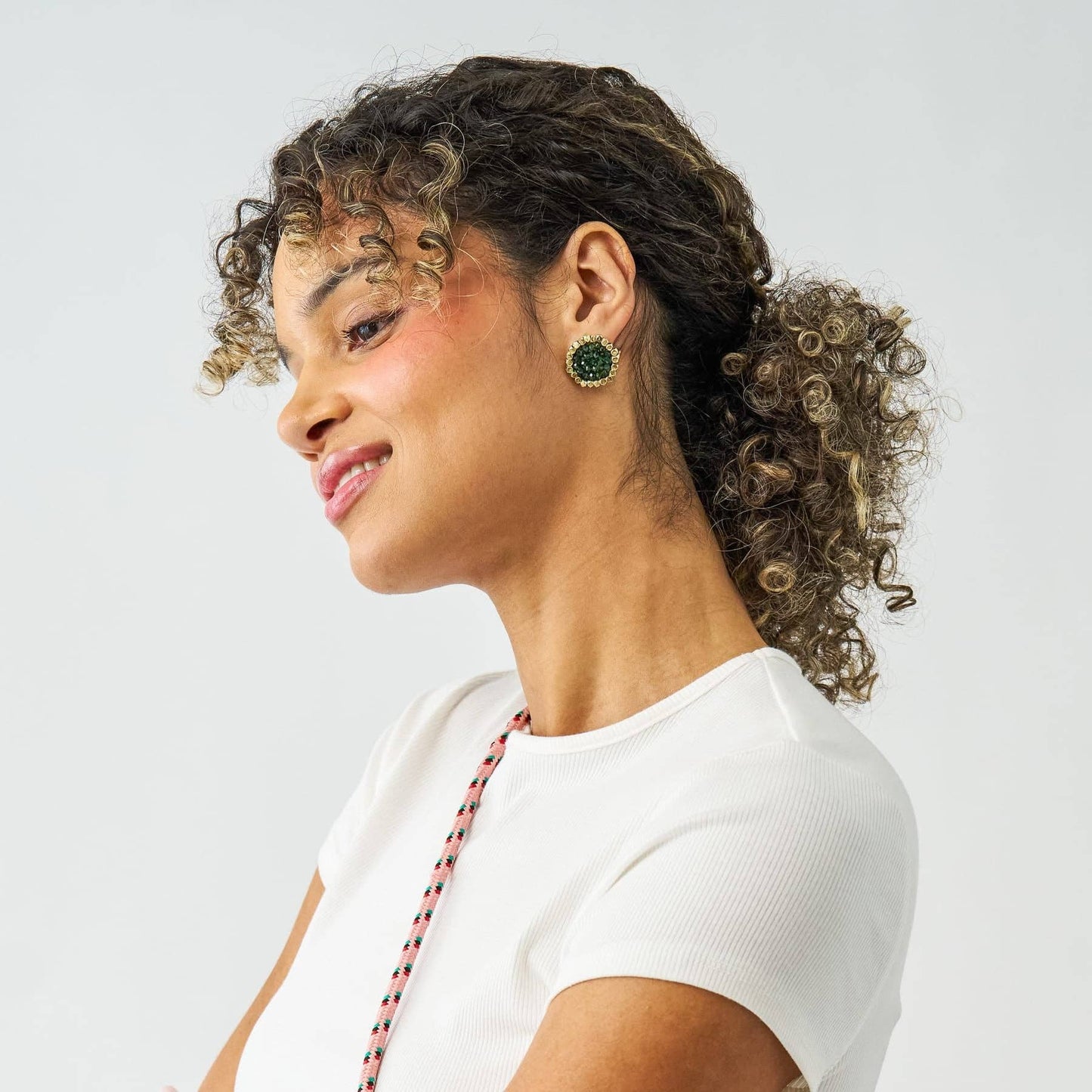 Johannah Crystal + Brass Bead Post Earrings Emerald