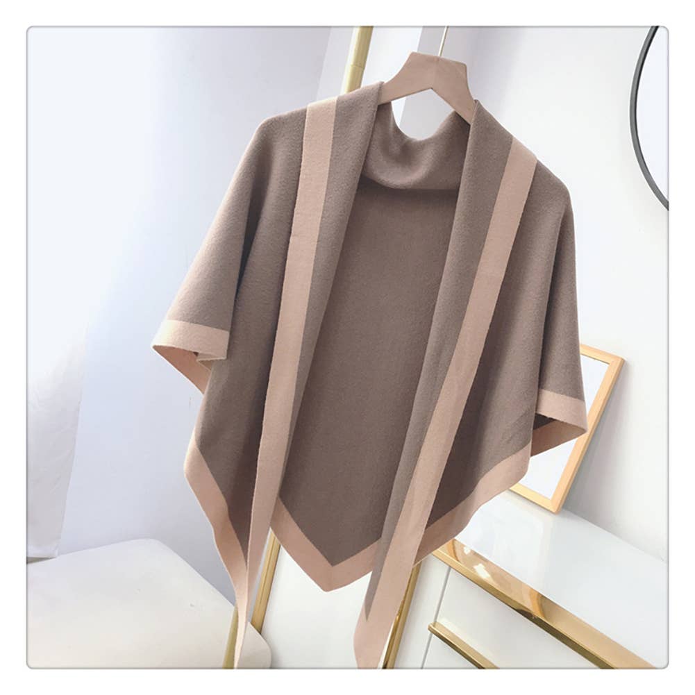 Contrast Border Knit Cashmere Blend Triangular Shawl Wrap