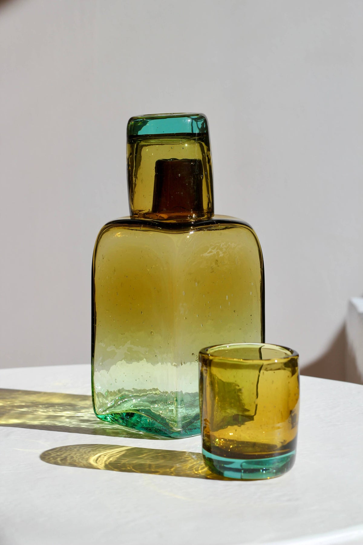 Bedside Carafe Set in Aqua/Amber - Handblown, Recycled Glass