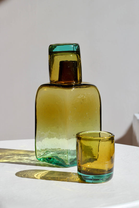 Bedside Carafe Set in Aqua/Amber - Handblown, Recycled Glass