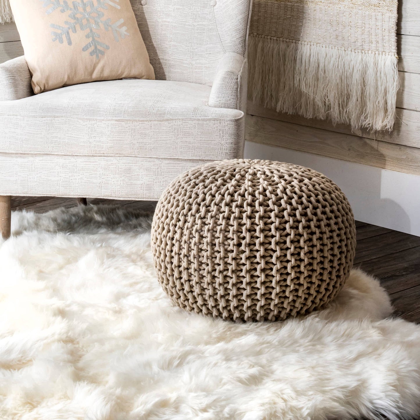 Bruges Knit Cotton Solid Round Filled Ottoman Pouf